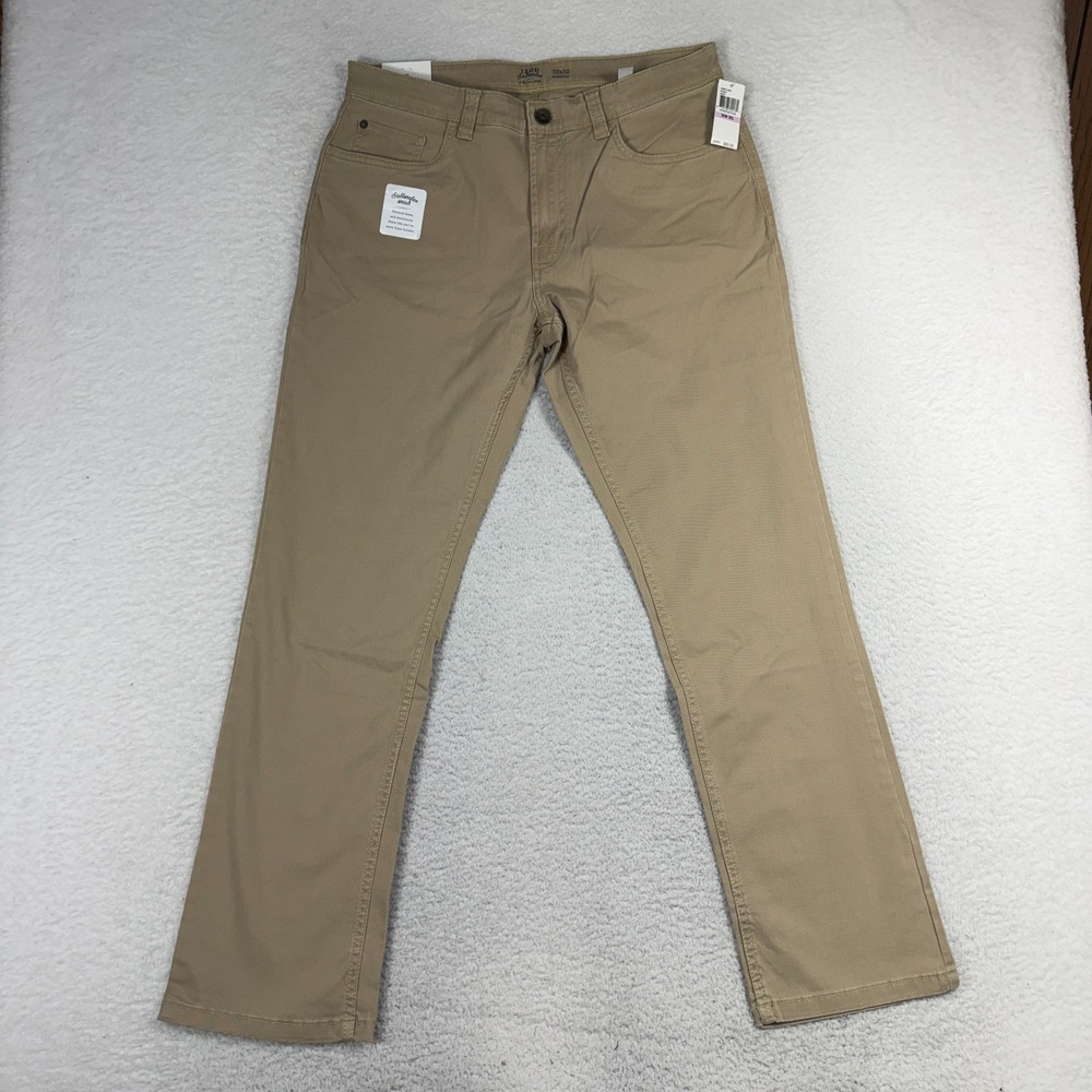 Izod Mens Saltwater Stretch Chino 32x32 (33x30) Flat Front Slim Beige NWT